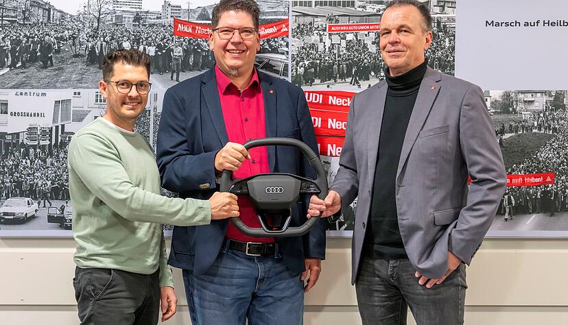 Rainer Schirmer (rechts) kandidiert nicht mehr f&uuml;r den Audi-Betriebsrat. Spitzenkandidaten sind bei der Wahl am 12. M&auml;rz Robin L&ouml;rcher (links) und Alexander Reinhart (Mitte).