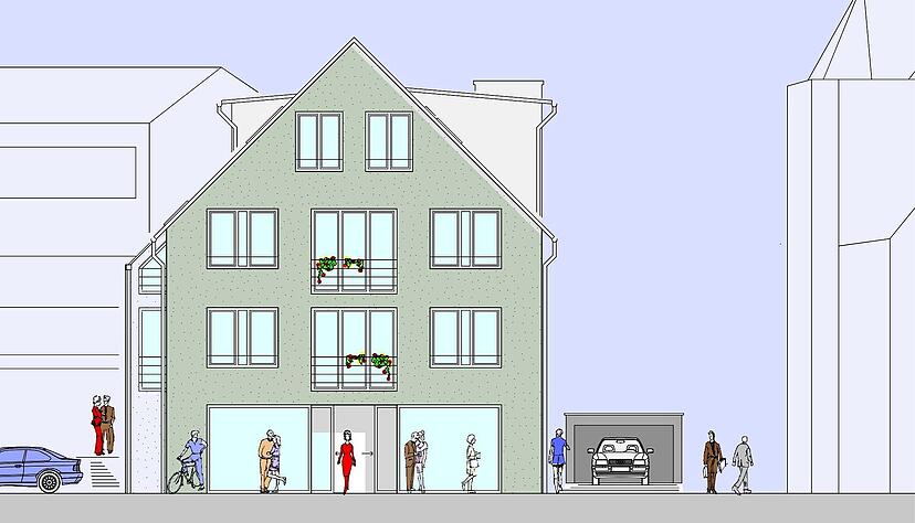 So wird das neue Wohn- und Geschäftshaus zwischen Kreissparkasse (rechts) und Bäckerei aussehen. Seitlich ist ein verglaster Aufzug.
Plan: HVV Schick GbR So wird das neue Wohn- und Geschäftshaus zwischen Kreissparkasse (rechts) und Bäckerei aussehen. Seitlich ist ein verglaster Aufzug.
Plan: HVV Schick GbR