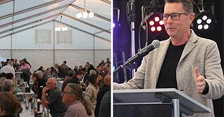 Harald Feist, Geschäftsführer der Rund ums Haus GmbH, sprach bei der Jubiläumsfeier zu den geladenen Gästen im Zelt.