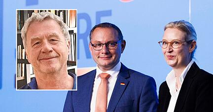 Die AfD unter Tino Chupralla (Mitte) und Alice Weidel (rechts) ist keine Partei, die sich thematisch engagiert, sondern sie brüskiert mit ihren populistischen Aussagen. Wenn andere Politiker sich auf dieselbe emotionale Ebene begeben, dann ist das ein Grundfehler, sagt Politikwissenschaftler Thomas König (links).