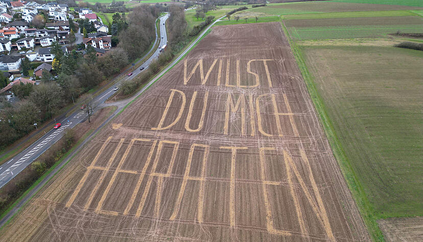 Mit großen Buchstaben aus Stroh hat ein Landwirt einen Heiratsantrag auf ein abgeerntetes Zuckerrübenfeld geschrieben. Mit großen Buchstaben aus Stroh hat ein Landwirt einen Heiratsantrag auf ein abgeerntetes Zuckerrübenfeld geschrieben.