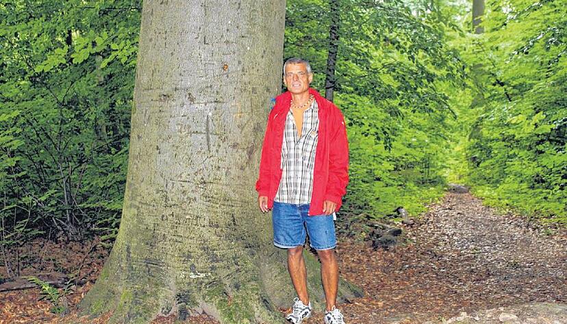 Jürgen Schoske hat uns die Suche nach den dicksten Bäumen aufgetragen - hier steht er 2013 bei "seiner" Buche beim Schweinshag.