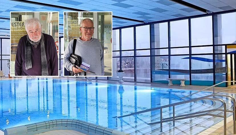 Dieter Klemm (kleines Foto links) und Peter Merz vor dem Eingang des Rappsodie.