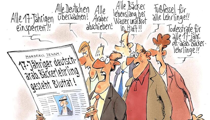 Auf humorvolle Art zerlegt der Karikaturist Gerhard Mester eine Schlagzeile in alle (un-)möglichen populistischen Vorurteile. Auf humorvolle Art zerlegt der Karikaturist Gerhard Mester eine Schlagzeile in alle (un-)möglichen populistischen Vorurteile.