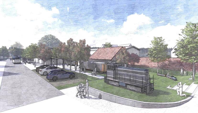 Ein interessanter Spielbereich und Infotafeln zum Thema Bahn, wo derzeit noch ein Parkplatz ist: Unter anderem das sieht der Siegerentwurf vor.