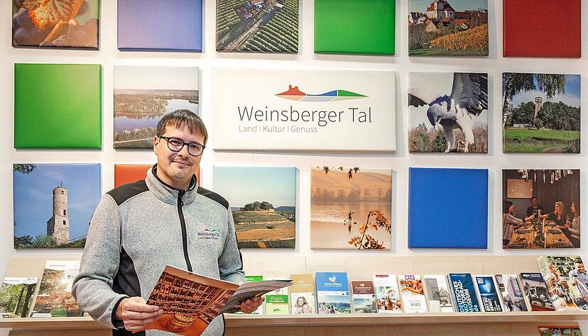 Wolfram Linnebach vor der Prospektauslage in der Tourist-Info in der Weinsberger Hauptstraße. Der Geschäftsführer macht nun doch weiter.
Foto: Lina Bihr