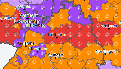 Die Wetterkarte des Deutschen Wetterdienst ist in Baden-Württemberg bunt gefärbt. In Heilbronn und Hohenlohe wird in der Farbe Rot vor Unwettern gewarnt. Die Wetterkarte des Deutschen Wetterdienst ist in Baden-Württemberg bunt gefärbt. In Heilbronn und Hohenlohe wird in der Farbe Rot vor Unwettern gewarnt.