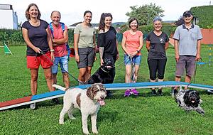 Marisa Clewing (Mitte), Inhaberin von Dog Patrole, und Kollegin Melanie Bertsch (2. von rechts) zeigen den Hunden Pino (von links), Vegas und Wuscha mit ihren Besitzern, wie ein Agility-Parcours funktioniert. Gemeinsam werden Hindernisse wie das Springen, der Tunnel oder die A-Wand geübt. Marisa Clewing (Mitte), Inhaberin von Dog Patrole, und Kollegin Melanie Bertsch (2. von rechts) zeigen den Hunden Pino (von links), Vegas und Wuscha mit ihren Besitzern, wie ein Agility-Parcours funktioniert. Gemeinsam werden Hindernisse wie das Springen, der Tunnel oder die A-Wand geübt.