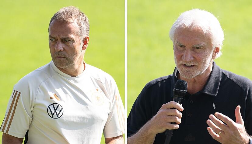 Der DFB trennt hat sich nach der Niederlage der deutschen Nationalmannschaft von Bundestrainer Hansi Flick getrennt. Beim nächsten Länderspiel gegen Frankreich übernimmt ein Trio um Sportdirektor Rudi Völler (rechts) interimsweise.