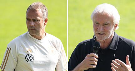 Der DFB trennt hat sich nach der Niederlage der deutschen Nationalmannschaft von Bundestrainer Hansi Flick getrennt. Beim nächsten Länderspiel gegen Frankreich übernimmt ein Trio um Sportdirektor Rudi Völler (rechts) interimsweise.