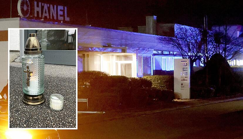 Eine Trauerkerze (kleines Foto) brennt vor dem Tatort in der Firma Hänel in Bad Friedrichshall-Kochendorf.