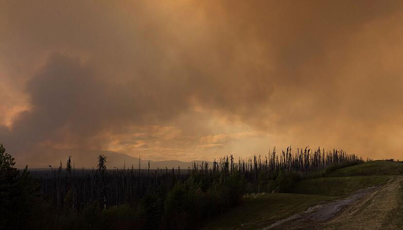 Der Rauch eines Waldbrandes h&auml;ngt in der Luft &uuml;ber dem Highway 97 (British Columbia).