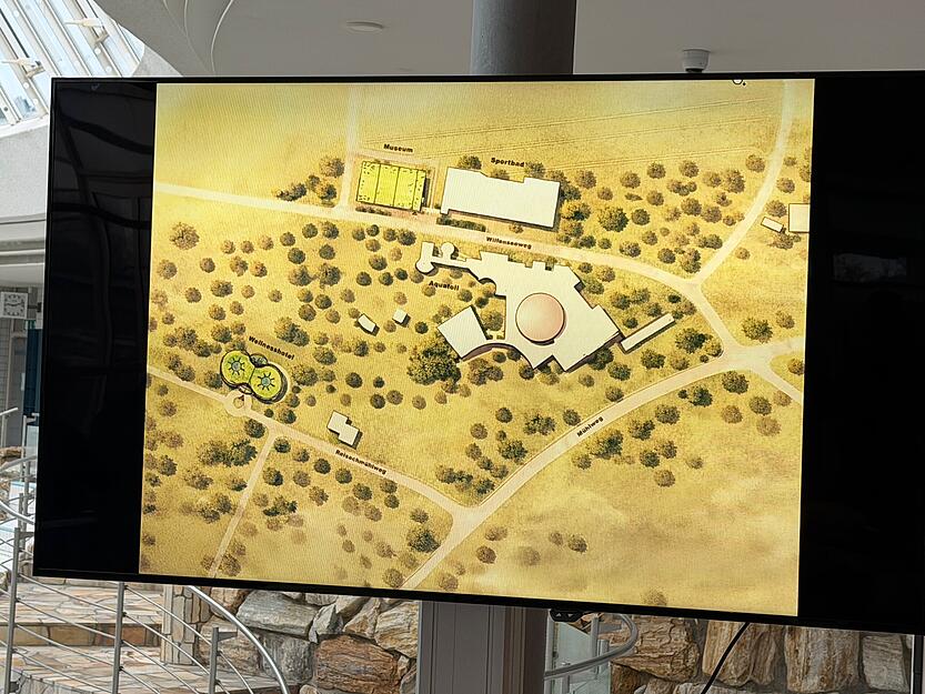 Ein Monitor zeigt das Aquatoll-Gel&auml;nde. Das neue Geb&auml;ude links, das einer Acht gleicht, ist das geplante Wellnesshotel. Oben soll neben dem bestehenden Sportbad das Oldtimer-Museum hin.